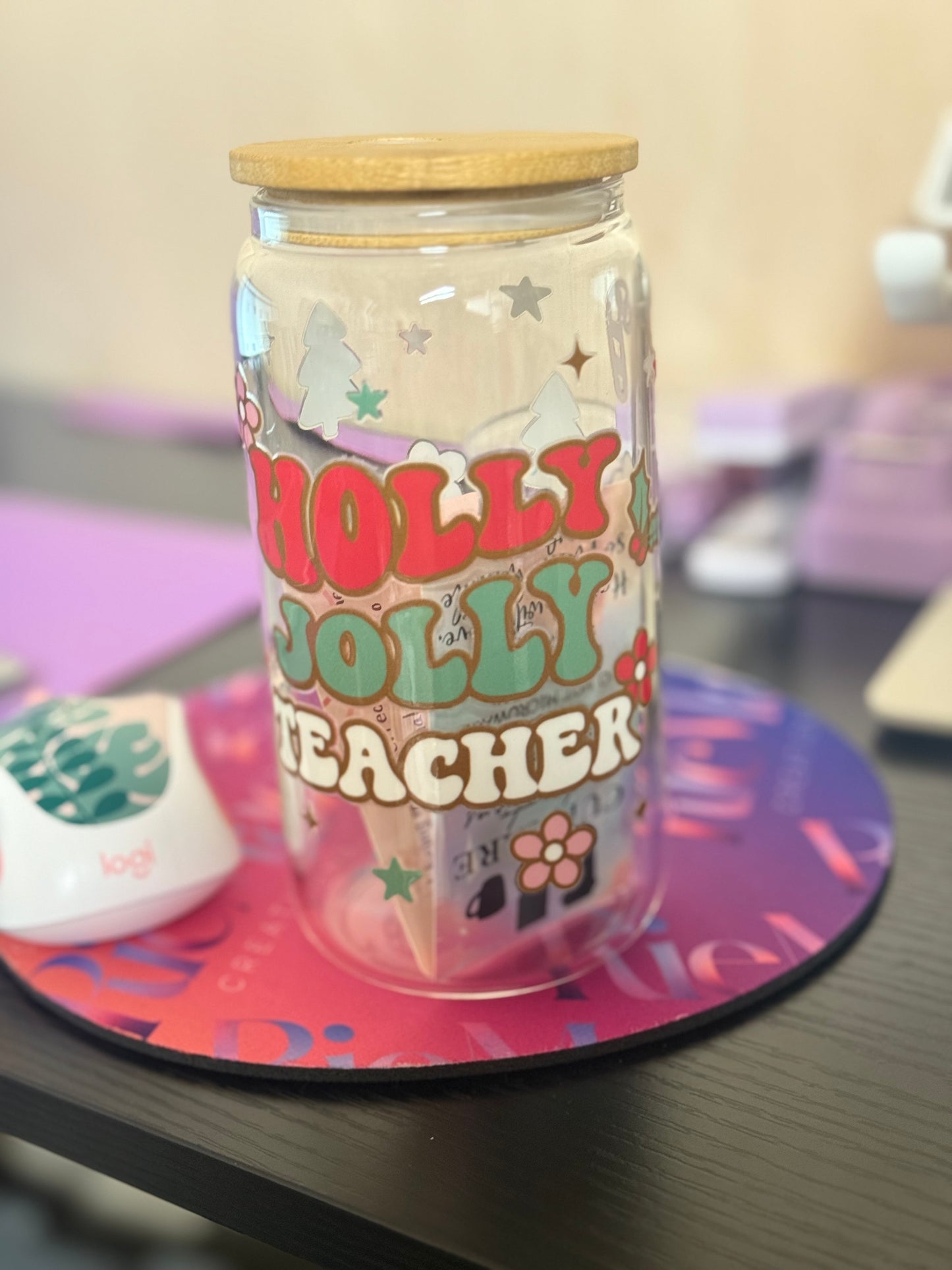 16 oz Holly Jolly Teacher Glass Cup with Bamboo Lid