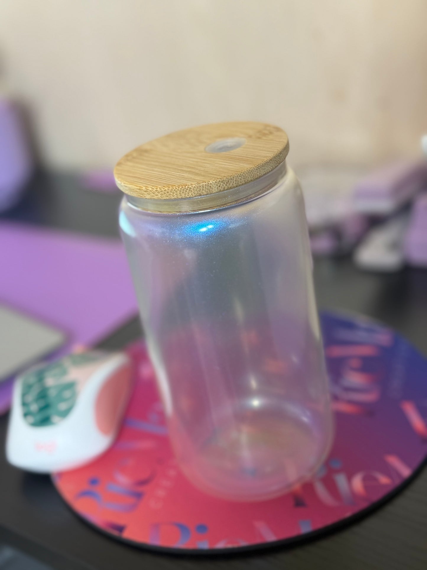 15 oz Holographic Glass Cup with Bamboo Lid