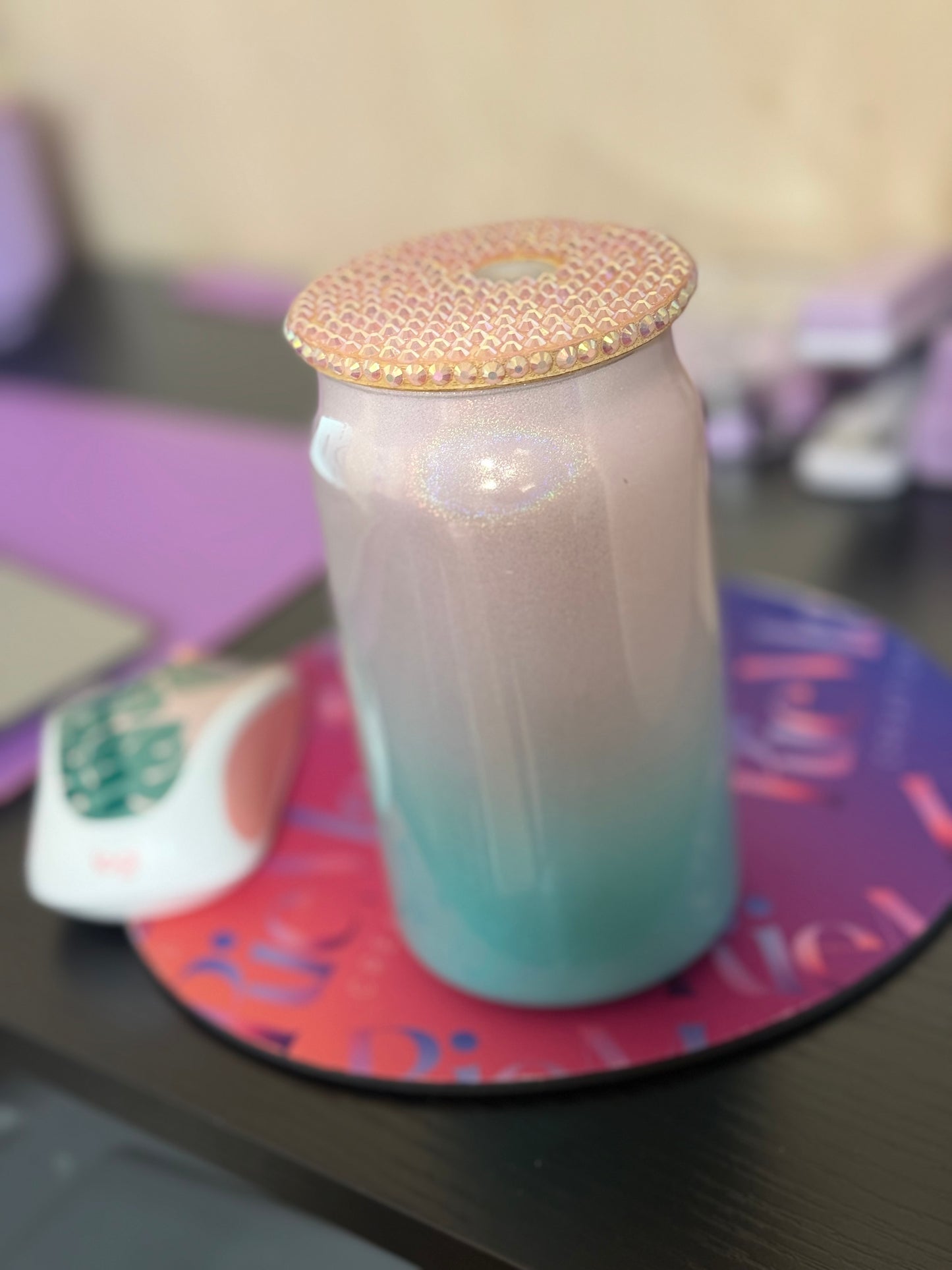 15 oz Mermaid Glass Cup with Bamboo Rhinestone Lid