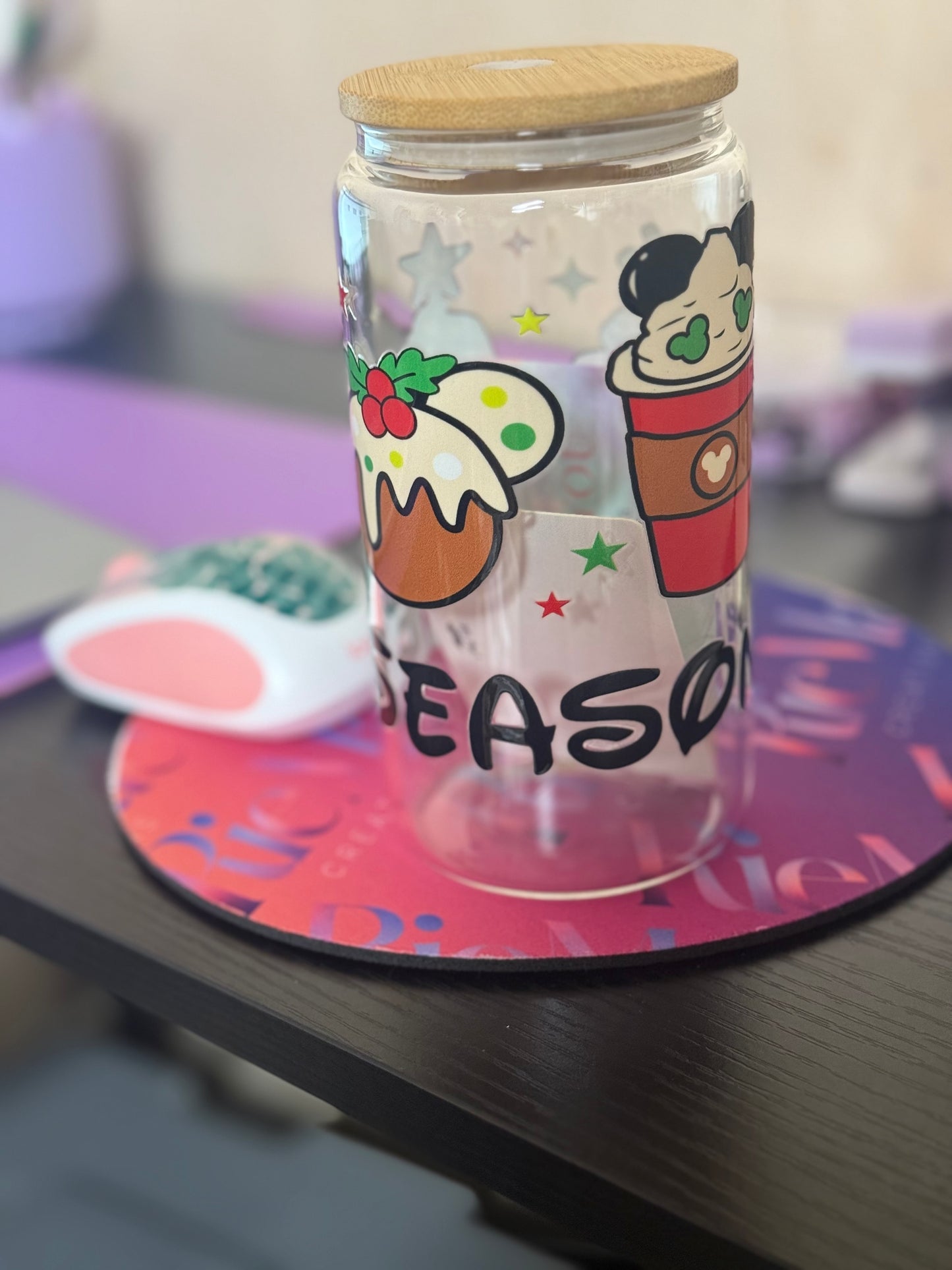 16 oz Tis the Season Mickey Glass Cup with Bamboo Lid