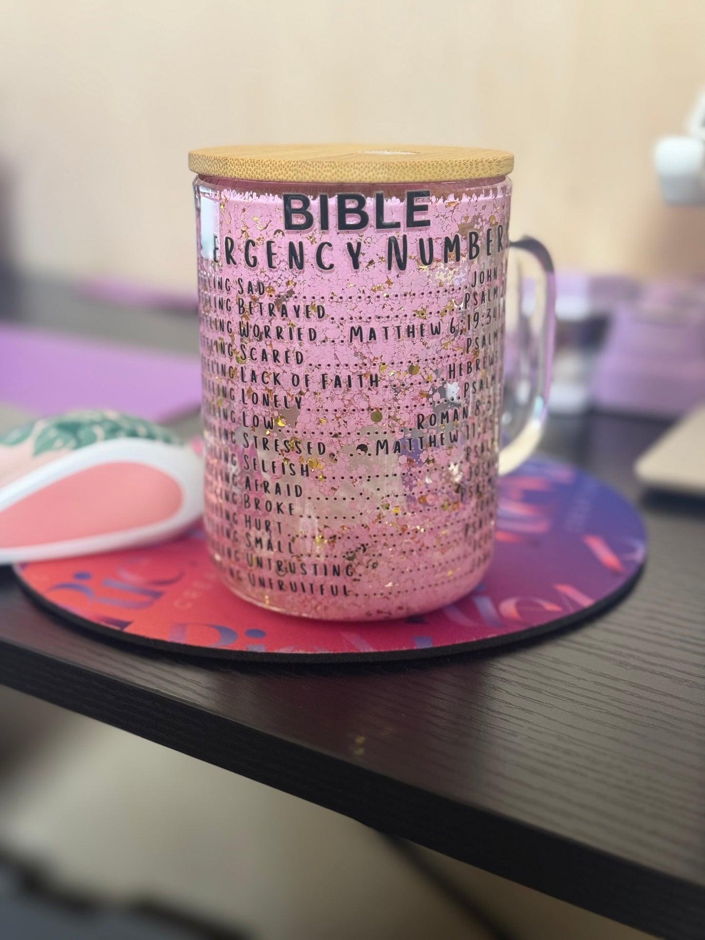 15 oz Bible Emergency Numbers Glass Mug with Bamboo Lid