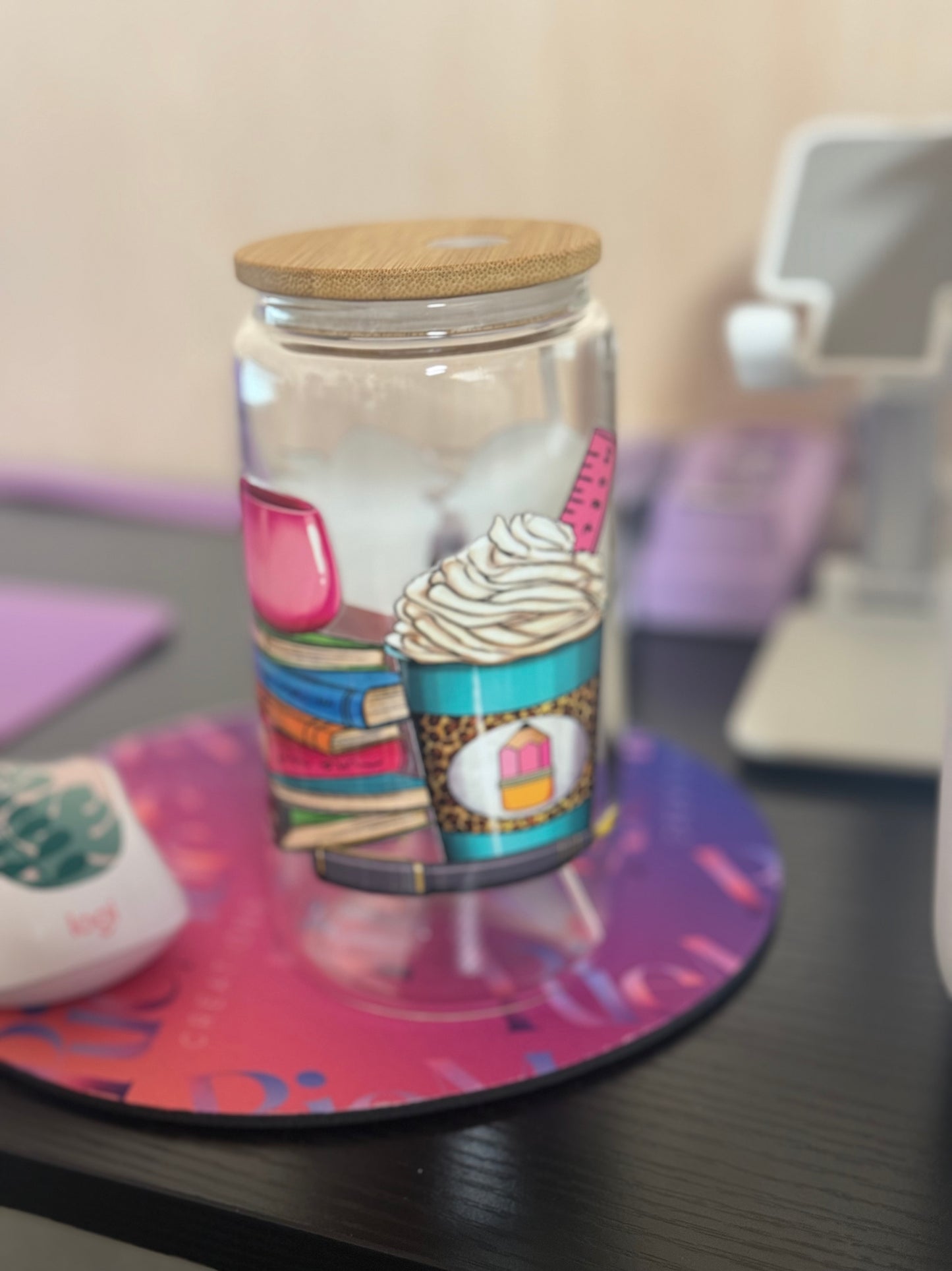 16 oz Teacher Fuel Glass Cup with Bamboo Lid